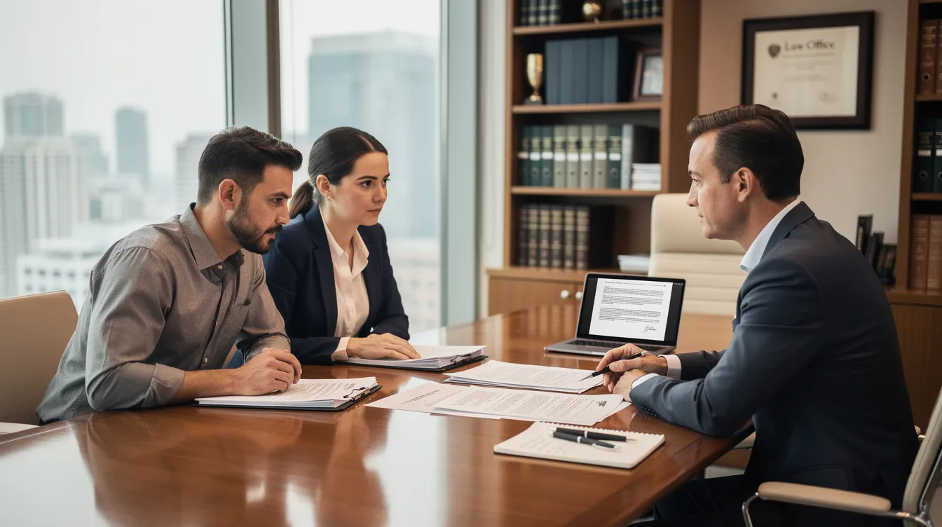 The image depicts a couple meeting with their lawyer in an office, reviewing important documents related to property ownership and the decoupling process. They appear engaged in discussion about their first residential property and the implications of purchasing a second property, including potential buyer's stamp duty and legal fees.