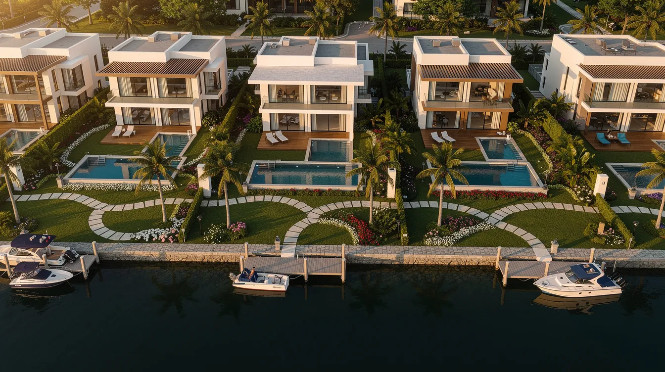 An aerial view showcases luxury waterfront residential properties, surrounded by beautifully landscaped gardens. These high-value assets reflect the lifestyle of high net worth individuals, emphasizing the importance of cash flow and investments in real estate.