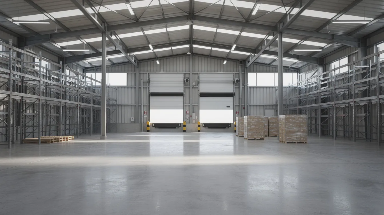 The image depicts a spacious modern industrial warehouse interior featuring high ceilings, large windows, and a loading dock area. This environment is ideal for businesses involved in shipping and logistics, highlighting the importance of efficient operations for maximizing profits and managing taxable income effectively.