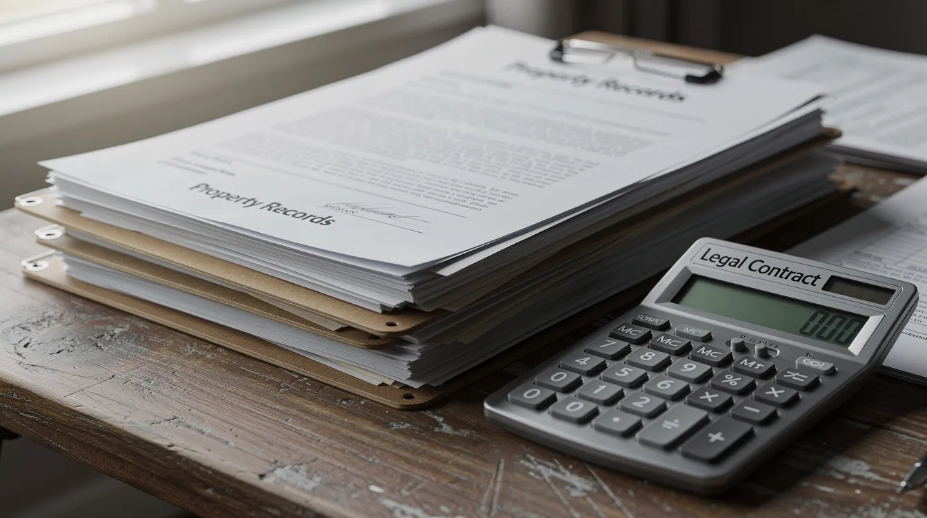 The image depicts stacks of legal documents and property paperwork arranged on a wooden desk, next to a calculator, highlighting the complexities of refinancing vs repricing home loans. This scene emphasizes the importance of understanding legal and valuation fees, as well as the potential interest savings and monthly mortgage payments involved in switching lenders.