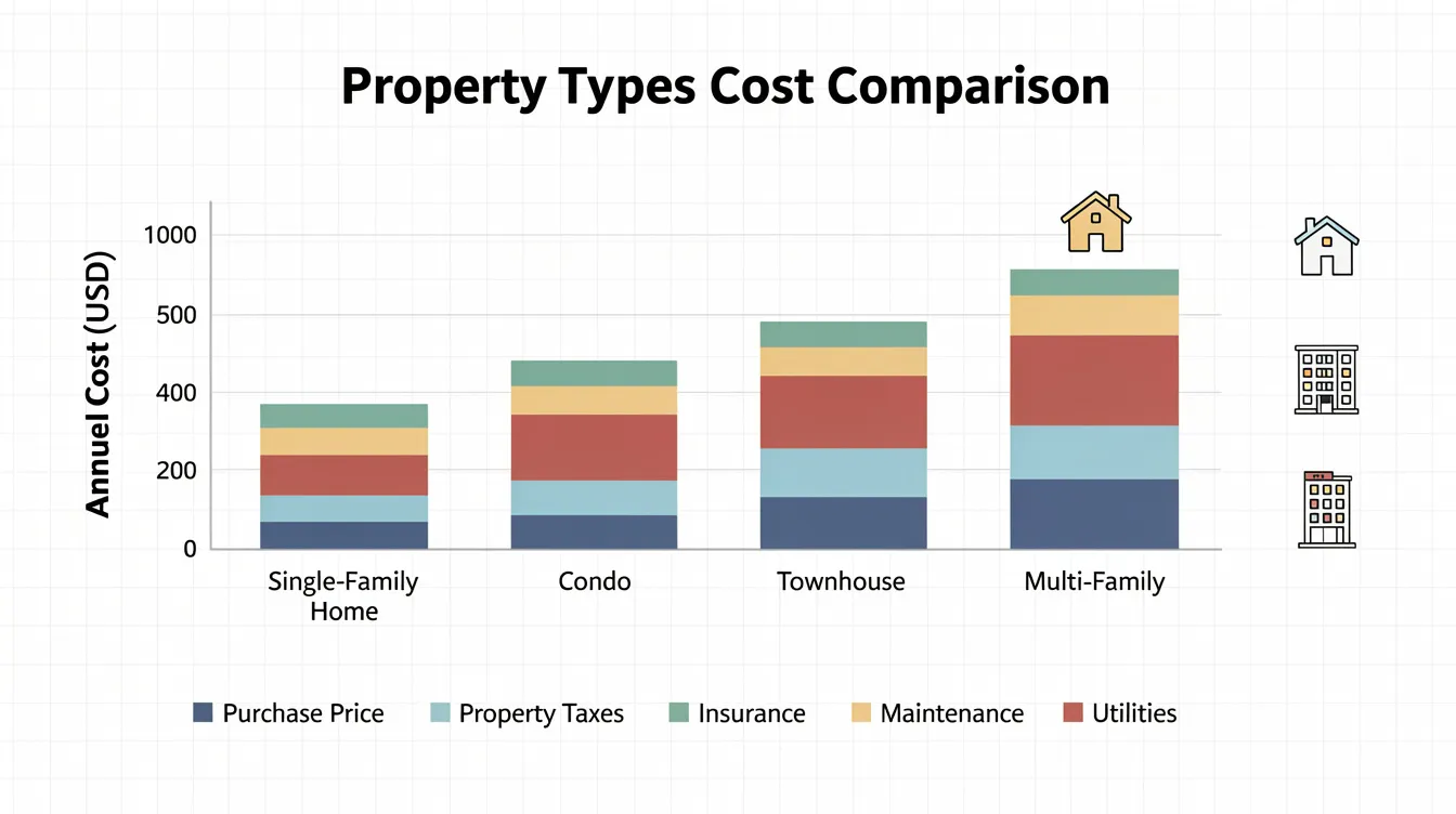 The image depicts a comparison chart outlining various property types, detailing their cost breakdowns including property tax, maintenance fees, and acquisition costs. This visual provides valuable insights for property investors to make informed financial decisions and optimize resource allocation.