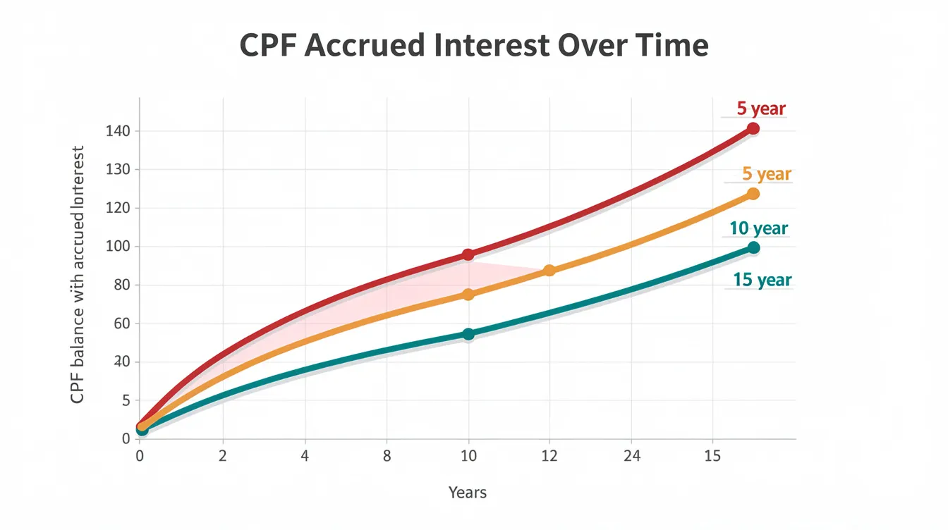 The image displays a chart illustrating the exponential growth curve of CPF accrued interest over various holding periods of 5, 10, and 15 years. This visual representation is essential for understanding the financial implications of property ownership and investment strategies, particularly for Singapore citizens and permanent residents considering residential property purchases and their potential rental income.