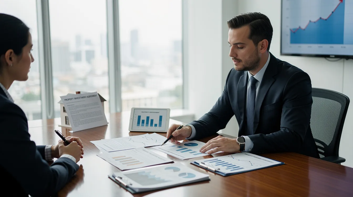 The image depicts a person engaged in a discussion with a financial advisor across a desk cluttered with charts and property documents, including a sale and purchase agreement for a residential property. They appear to be reviewing important details related to seller's stamp duty and the market value of the property.