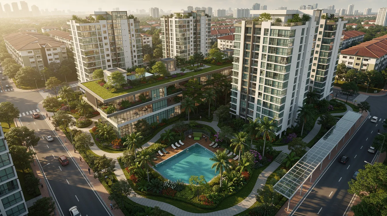 An aerial view showcases a modern residential development in Singapore, featuring sleek private condominiums surrounded by lush green landscaping. This vibrant community reflects the market value of Singapore residential property, highlighting the appeal of private residential properties in a well-planned urban environment.