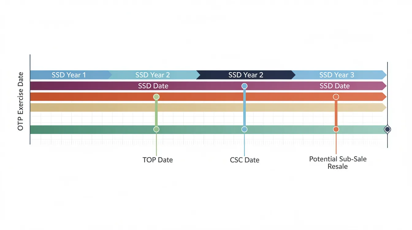 The image depicts a horizontal timeline illustrating the OTP exercise date on the left, with sequential SSD year bands marked alongside TOP and CSC dates. It highlights potential sub-sale and resale disposal points, indicating various stages in the residential property market, particularly focusing on sub sale properties and their associated purchase agreements.