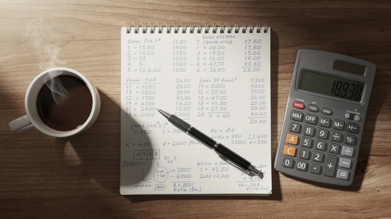 A wooden desk features a notebook filled with handwritten financial calculations, a calculator, and a coffee cup, symbolizing the important work of buyers and sellers in the market. This scene reflects the truth behind financial planning and the patience needed to make informed decisions in real estate transactions.