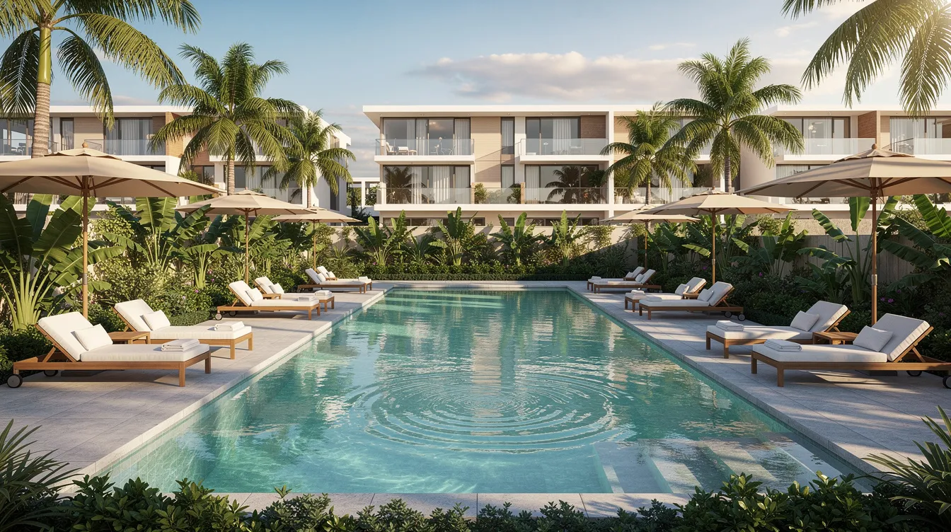 The image depicts a modern condominium swimming pool area, elegantly surrounded by lush tropical landscaping and low-rise buildings, creating a serene oasis in a prime district. The setting is ideal for relaxation, offering a glimpse of the vibrant community near Holland Village and the convenience of nearby amenities such as the King Albert Park MRT.