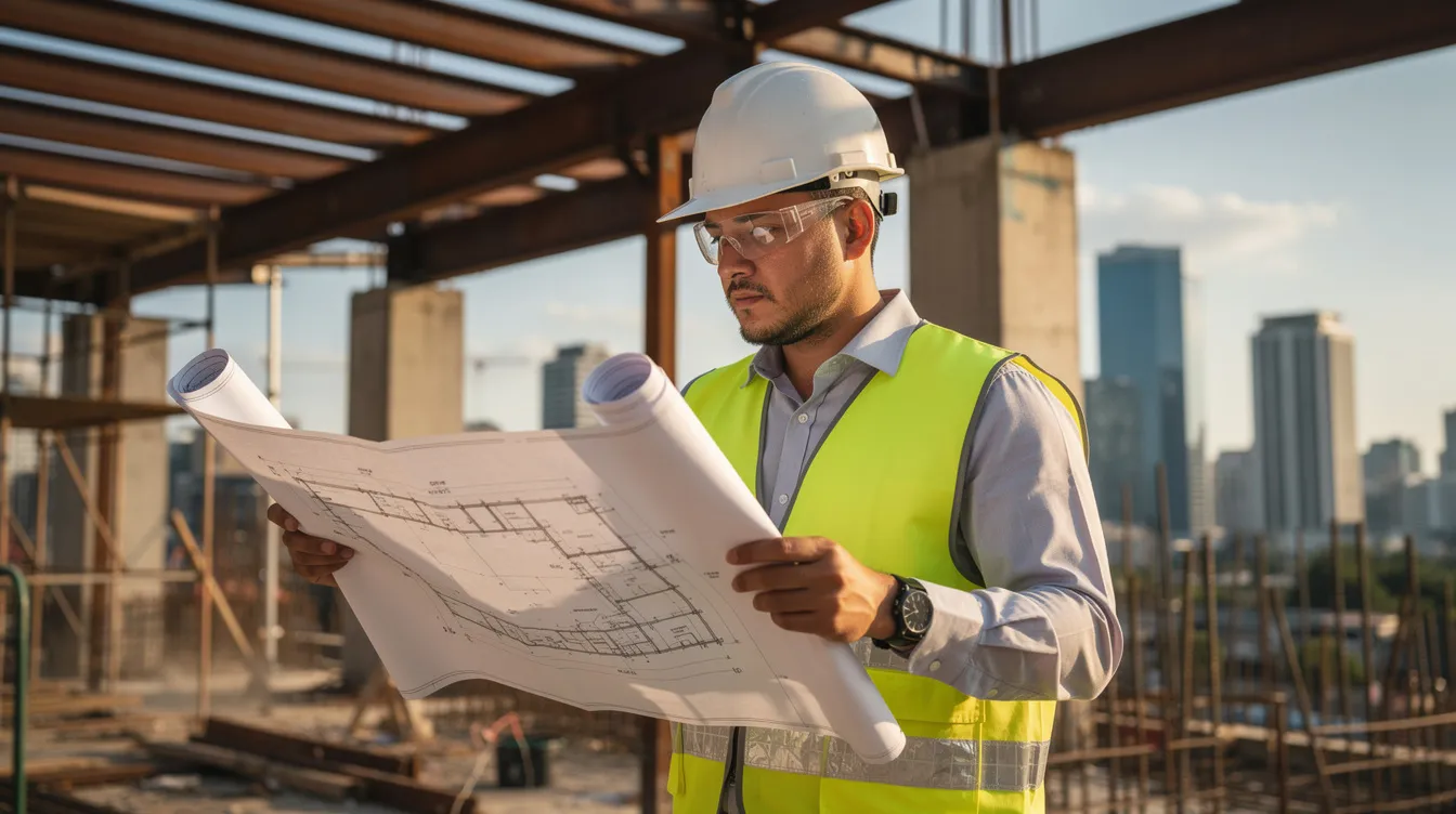 A professional engineer, equipped with valuable construction experience, reviews structural plans on a bustling construction site while the city skyline of Singapore looms in the background, showcasing a blend of residential and commercial properties. This scene highlights the importance of civil engineering and dedicated engineers in managing major infrastructure projects and ensuring compliance and safety in building engineering.