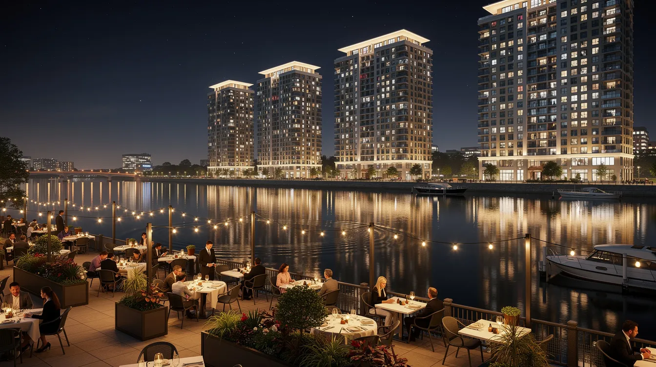 The image depicts a vibrant riverside promenade at night in Singapore, featuring outdoor dining areas illuminated by soft lights, with luxury apartment towers reflecting on the calm water. This scene captures the essence of the core central region's nightlife, showcasing the prime areas where residents and visitors can enjoy the beauty and convenience of urban living.