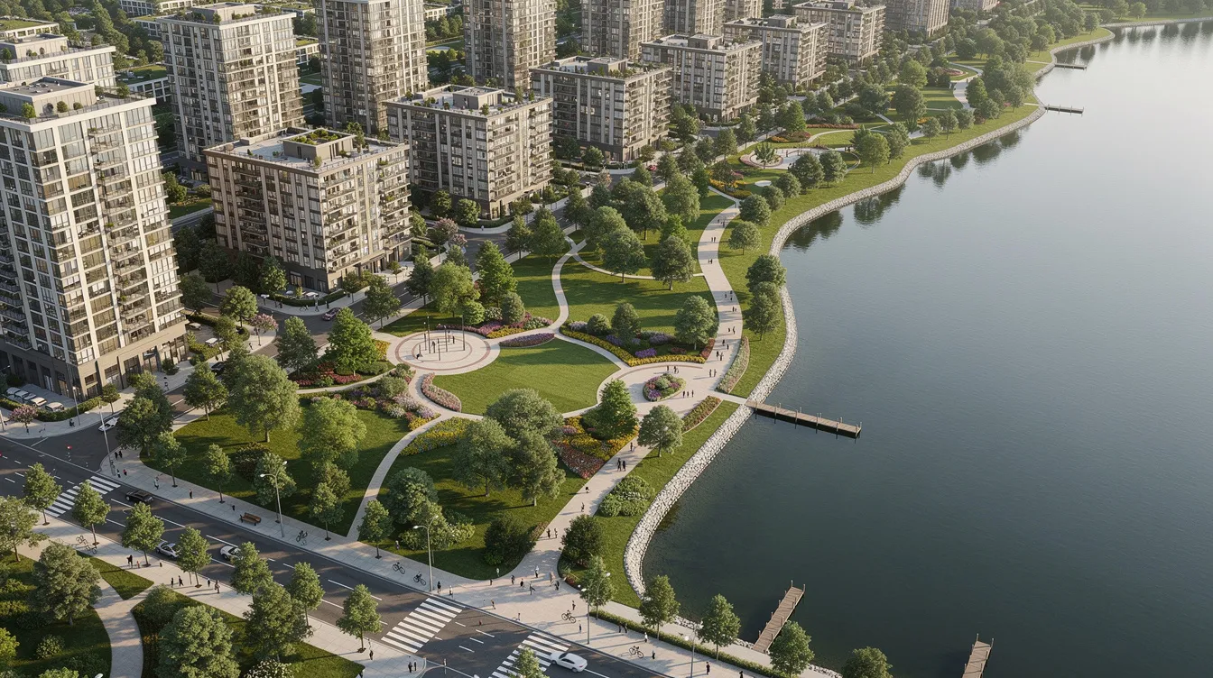 An aerial view captures the vibrant lakeside urban district featuring modern residential towers surrounded by lush green parkland. This scene showcases the Jurong Lake Gardens and the proximity to the Lakeside MRT station, highlighting the area's appeal to families and potential buyers in Singapore's property market.