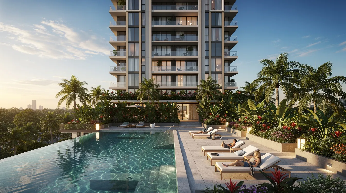 The image depicts a modern residential tower, known as Serra Residences, surrounded by lush tropical landscaping and a stylish pool deck. The development features private lift access and is located within walking distance of renowned schools and the Novena MRT station, making it an attractive option for families and investors alike.