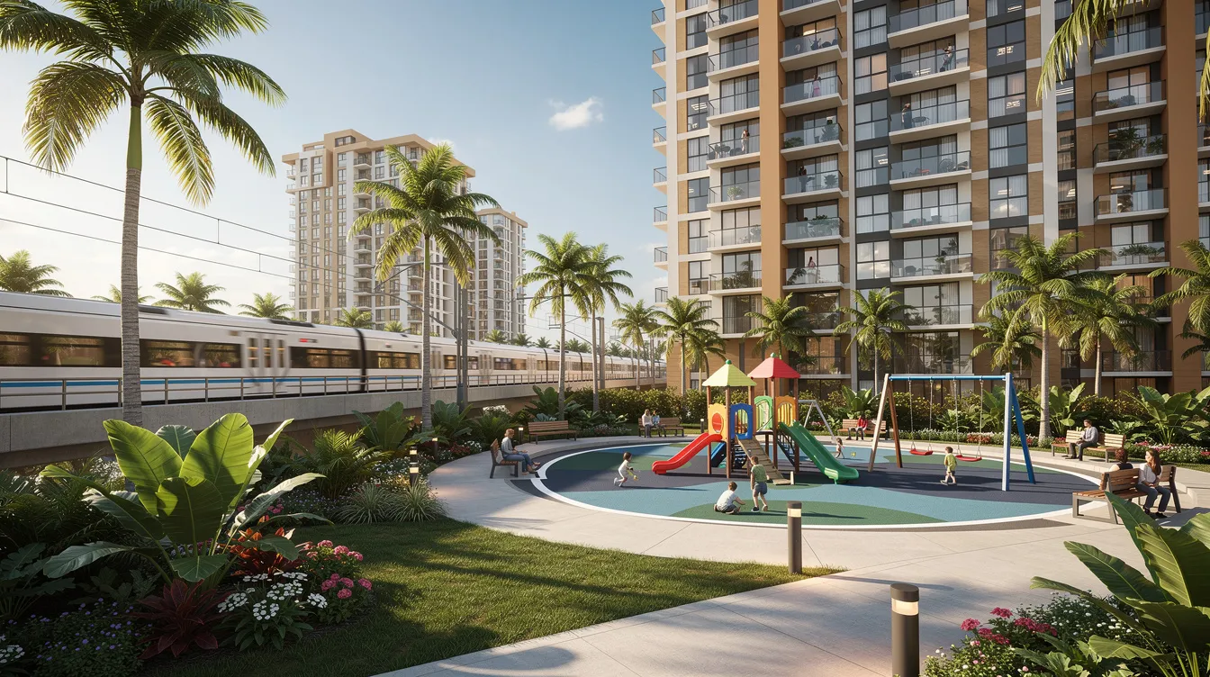 The image depicts modern residential towers situated adjacent to a light rail transit line, surrounded by lush tropical landscaping and playground areas, creating a vibrant community atmosphere. This setting is characteristic of developments near Woodlands South MRT station, emphasizing accessibility and family-friendly amenities.