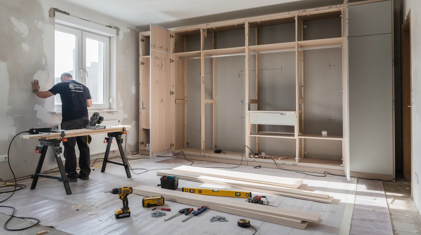 The image depicts an ongoing interior renovation showcasing carpentry work, with a focus on the installation of a built-in wardrobe. This transformation is part of upgrading from an HDB flat to a new launch condo, reflecting the process of enhancing private property for a more modern living space.