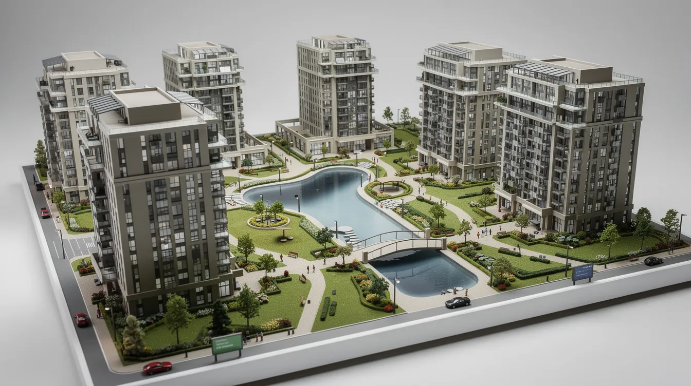 The image depicts a scale model of the Tengah Garden Residences, featuring tower blocks thoughtfully arranged around beautifully landscaped gardens and a central water feature, highlighting the development's focus on sustainable living and community. This model showcases the attractive layout and design of this residential project in Singapore, emphasizing its appeal in the current property market.