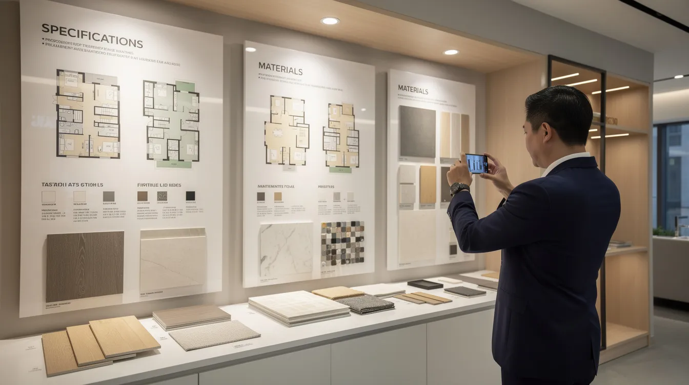 A person is photographing detailed specification boards and material samples at a property showroom gallery, showcasing various aspects of construction and engineering practices. This scene highlights the importance of building quality and regulatory compliance in major infrastructure projects, reflecting the professional standards upheld by civil engineers and construction authorities.