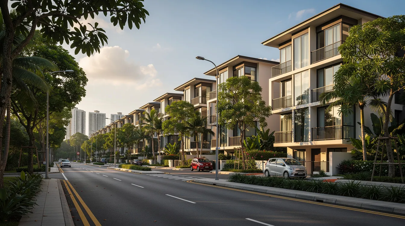 The image depicts a row of modern condominium buildings lining a tree-shaded street in a suburban area of Singapore, showcasing the vibrant property market and the appeal of private properties for potential buyers. This setting reflects the ongoing trend in Singapore's property investment cycle, where both local and foreign buyers seek to enhance their property portfolio and achieve financial security.
