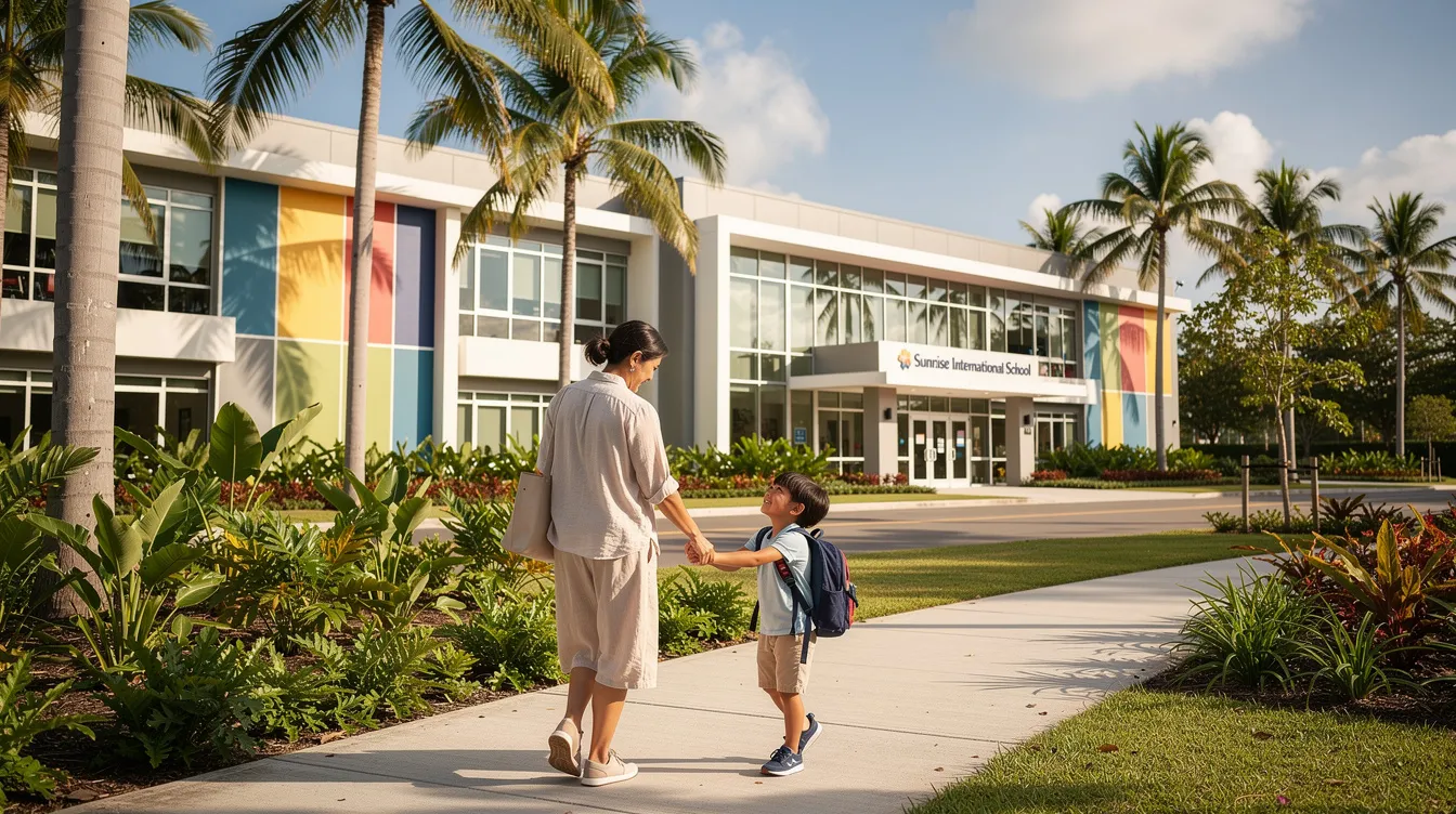 A parent and child are walking hand in hand near a modern school building, surrounded by lush tropical trees, reflecting a vibrant educational environment. The scene captures the essence of community and family-friendly spaces in Singapore's core central region, where educational institutions like Hong Wen School and St. Joseph's Institution Junior are located.