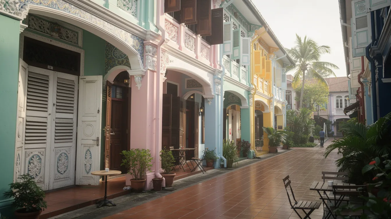 The image showcases vibrant heritage shophouse facades lining a narrow pedestrian lane in the historic Kampong Glam district of Singapore, featuring a mix of cafes and shops that reflect the area's rich cultural history. In the background, the prominent Sultan Mosque can be seen, adding to the charm of this colorful neighbourhood.