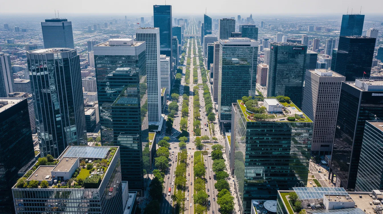 An aerial view captures a bustling central business district in Singapore, showcasing reflective glass towers amidst tree-lined streets, with key locations like Cecil Street and Shenton Way visible. This vibrant area is a hub for office buildings and upscale apartments, attracting investors and tenants alike.