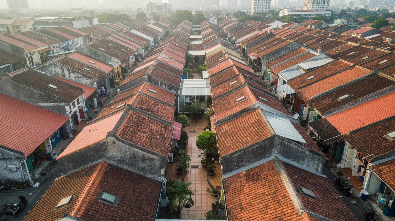 An aerial view showcases a heritage shophouse district with narrow terraced rooftops and interior courtyards, highlighting the unique architectural style of these conservation shophouses. This image reflects the blend of residential and commercial properties, which can attract foreign investors interested in commercial property transactions in Singapore.