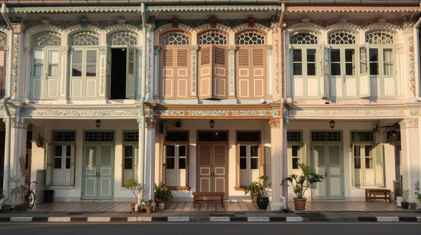The image depicts a beautifully restored heritage shophouse facade featuring intricate traditional ornamental details, complemented by a spacious five-foot walkway. This architectural style is a testament to Singapore's rich history and offers insights into the differences between freehold and 99-year leasehold properties in the market.