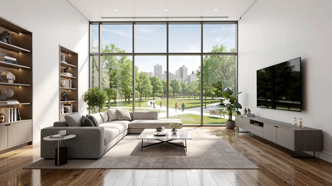 The image shows a spacious modern luxury condominium living room featuring floor-to-ceiling windows that provide a stunning view of a city park. This elegant space exemplifies private residential property in prime locations, ideal for those considering property purchase in Singapore.