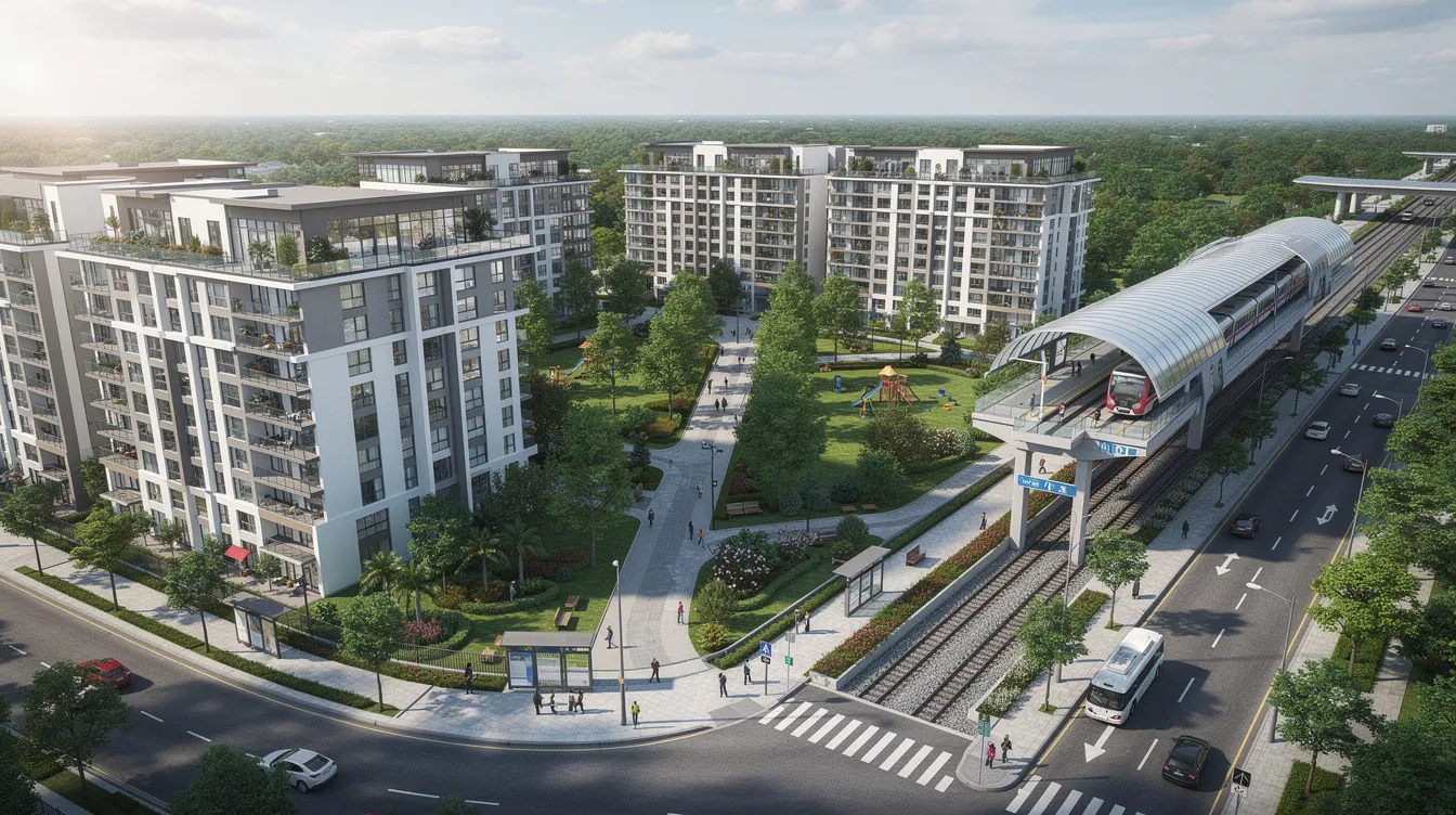 An aerial view showcases a modern residential estate, featuring lush green landscaping and three residential towers, with the Lentor MRT station conveniently located nearby. This vibrant community, which includes the Lentor Modern and Lentor Central residences, highlights the integration of urban living with nature.