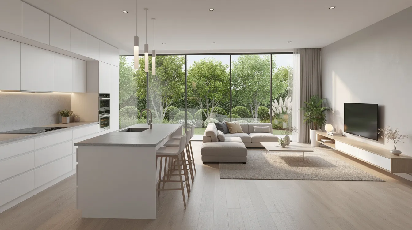 The image depicts a modern showflat interior of a three-bedroom apartment featuring an open kitchen and living area that overlooks lush greenery, ideal for potential property buyers considering their monthly debt obligations and total debt servicing ratio. The sleek design and spacious layout highlight the appeal of private property living while also accommodating discussions about mortgage servicing ratios and financial institutions.