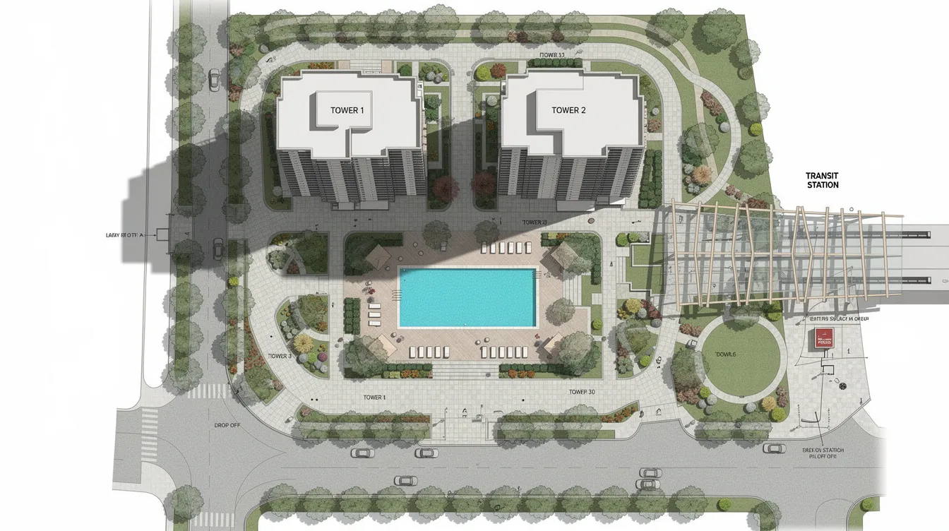 The image depicts an architectural site plan featuring two residential towers surrounded by lush gardens and a swimming pool, with a covered walkway connecting to the Woodlands South MRT station. This design integrates community facilities and green spaces, enhancing the living experience near the Woodlands Regional Centre.