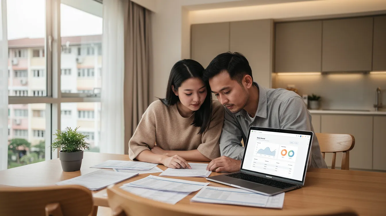 A young couple sits at their dining table in a modern HDB flat, reviewing financial documents and a laptop, focused on managing their cash flow for an upcoming construction project. They are discussing payment schedules and strategies to ensure steady cash flow throughout the project, highlighting the importance of timely payments to avoid financial strain.