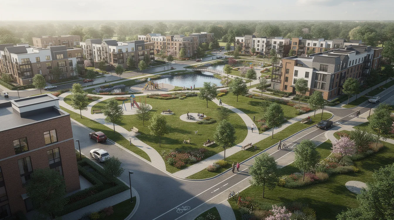 An aerial view of a low-rise residential neighborhood showcases walking paths and park spaces, highlighting the tranquil environment of Holland Village. This prime district features freehold developments like Amberwood at Holland, surrounded by amenities such as King Albert Park MRT and Methodist Girls School.