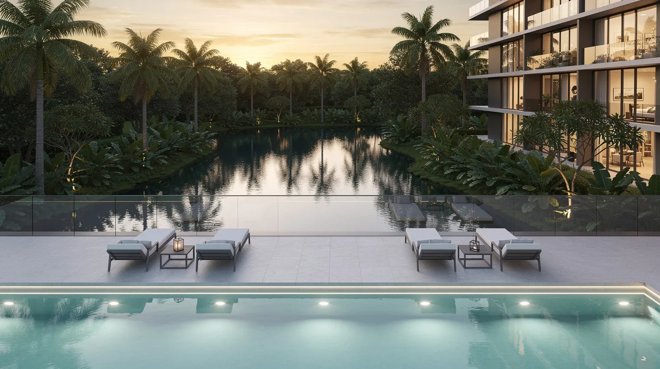 The image depicts a contemporary condominium pool deck that overlooks a serene pond, surrounded by lush tropical trees, creating a tranquil atmosphere ideal for relaxation. This setting highlights the attractive features of the Lucerne Grand, located in close proximity to Jurong Lake Gardens and the Lakeside MRT, making it a desirable investment for potential customers.