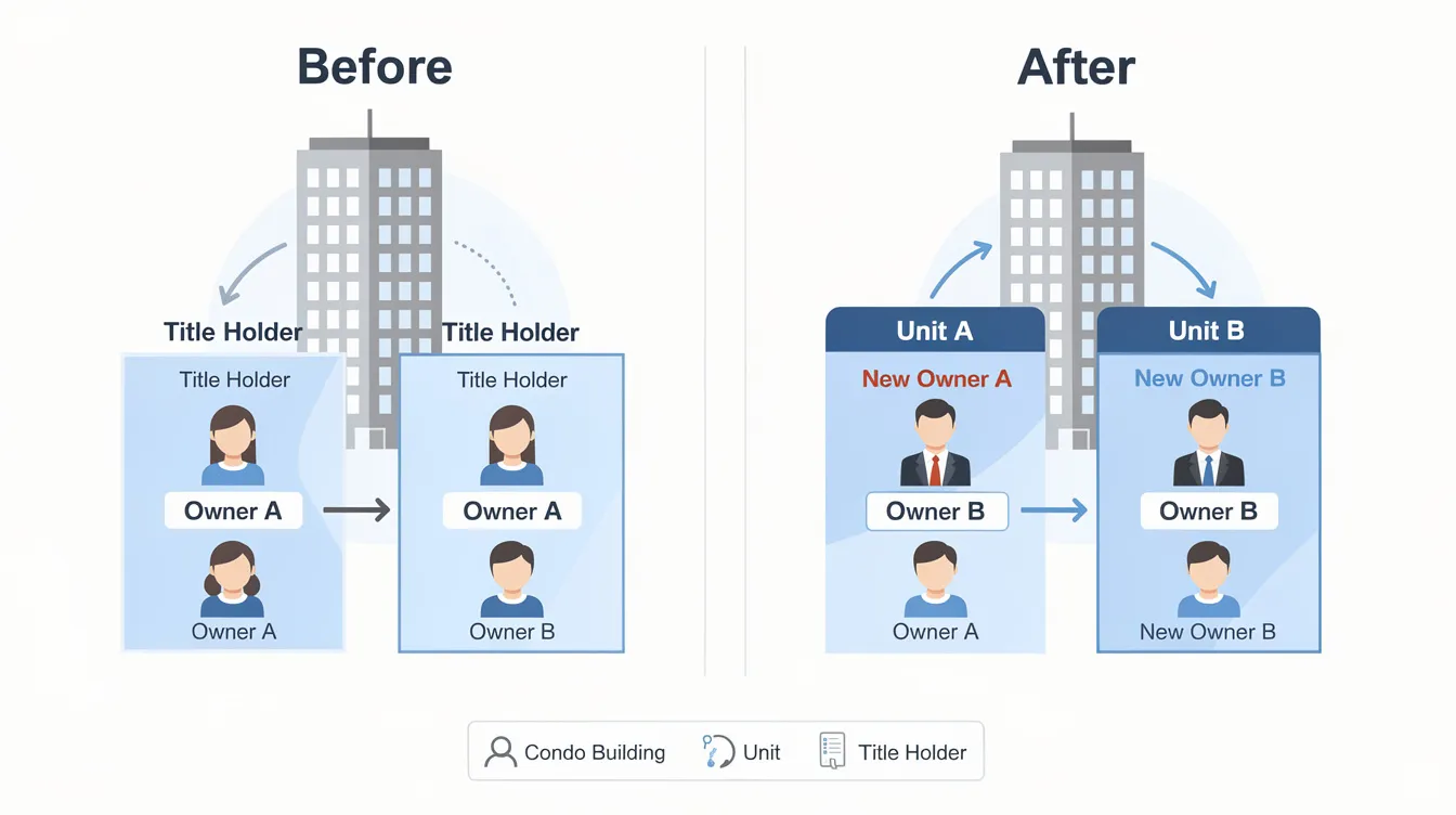 The infographic illustrates the ownership structure of two condominium units before and after the decoupling process, highlighting separate title holders for each unit. It visually represents key aspects such as the financial implications, including accrued interest, cash outlay, and the impact of buyer's stamp duty on property ownership.
