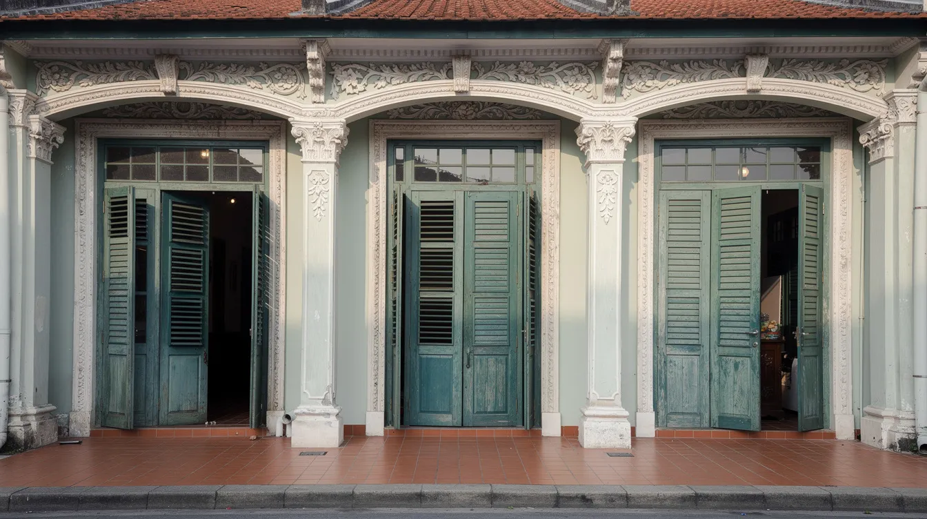 The image depicts a beautifully restored facade of a conservation shophouse in Singapore, showcasing intricate plasterwork and traditional timber shutters. This architectural gem highlights the heritage value of shophouses, which serve as a popular investment choice among high net worth individuals seeking capital appreciation and rental income in prime locations.