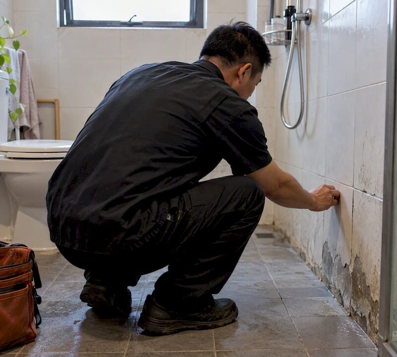Contractor inspecting bathroom defects before sale