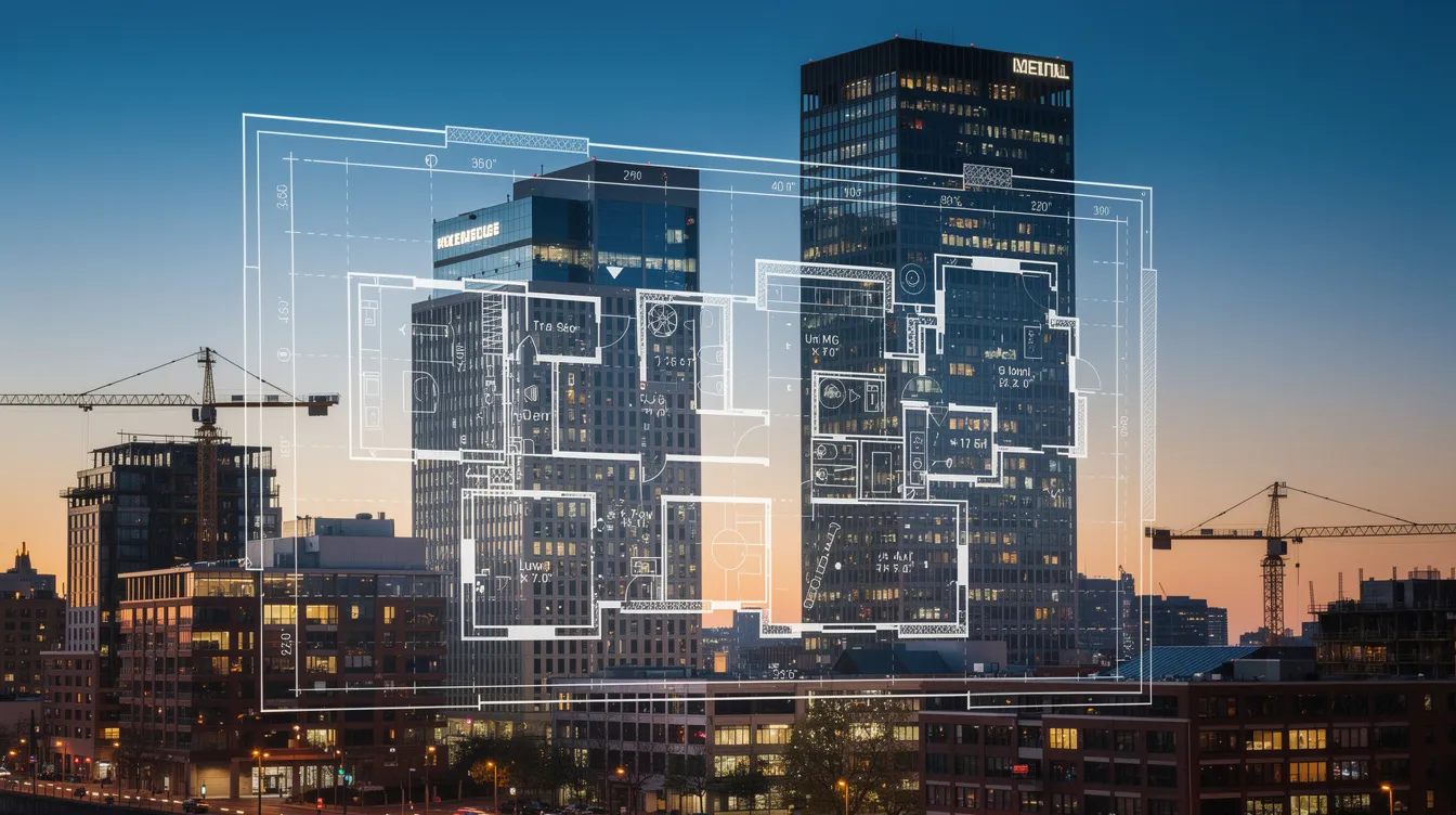 The image features an architectural blueprint superimposed on a city skyline, showcasing construction cranes in the background, symbolizing the dynamic landscape of property investment and urban redevelopment. This scene reflects the intricate relationship between land prices, government land sales, and future launches in real estate development.