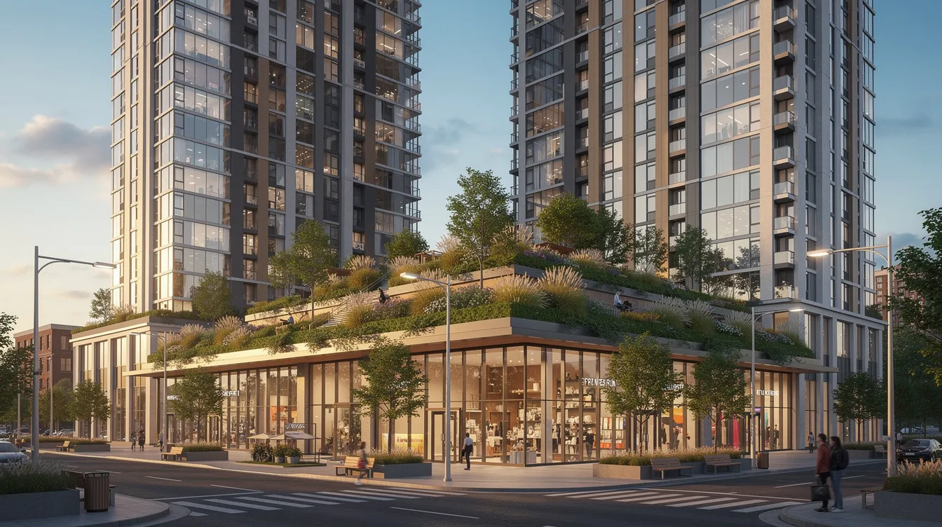 The image depicts modern residential towers soaring above a vibrant retail podium, featuring beautifully landscaped rooftop gardens. This dynamic setting is part of the Pinery Residences, conveniently located near the Tampines West MRT station, offering easy access to the Tampines regional centre and surrounding amenities.