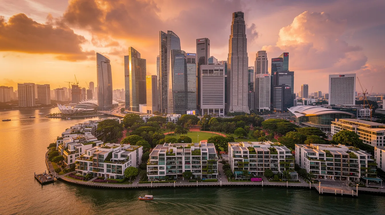 An aerial view of Singapore's prime central skyline at sunset showcases a vibrant blend of urban architecture and lush greenery, with riverfront residences reflecting the warm hues of the setting sun. This picturesque scene highlights the demand for new launches in the launch market, emphasizing Singapore's appeal as a prime district for home sales and larger units.