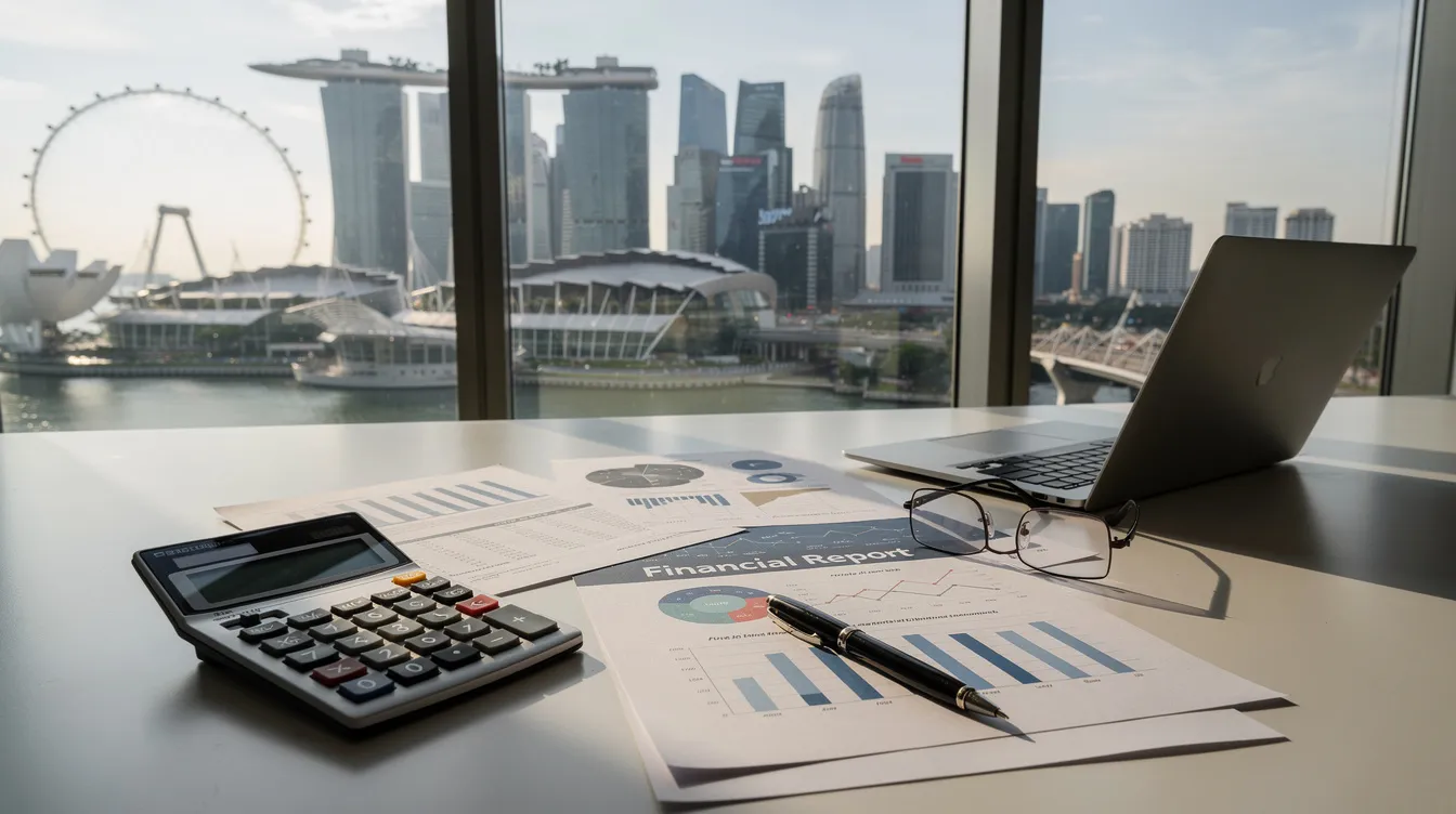 The image depicts a calculator alongside various financial documents on a desk, with a view of the Singapore skyline through a window. The documents likely include details related to gross monthly income, monthly debt obligations, and property loans, essential for evaluating borrowing capacity and total debt servicing ratio.