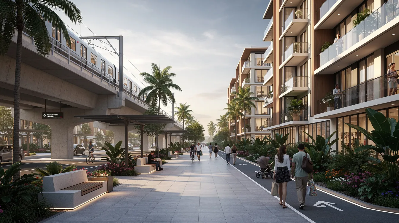 The image depicts a modern residential development in Singapore, situated near an elevated train station. It features a pedestrian walkway surrounded by lush tropical landscaping, creating an inviting atmosphere for residents and visitors.
