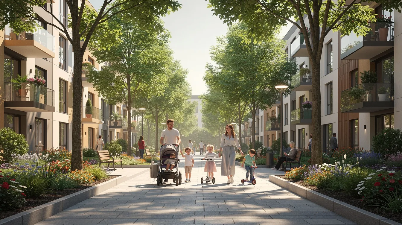 A vibrant urban scene depicts families strolling along a tree-lined pathway, surrounded by modern residential buildings in Singapore. The atmosphere reflects a focus on community and education, as parents consider the importance of school fees and extracurricular activities for their child's education.