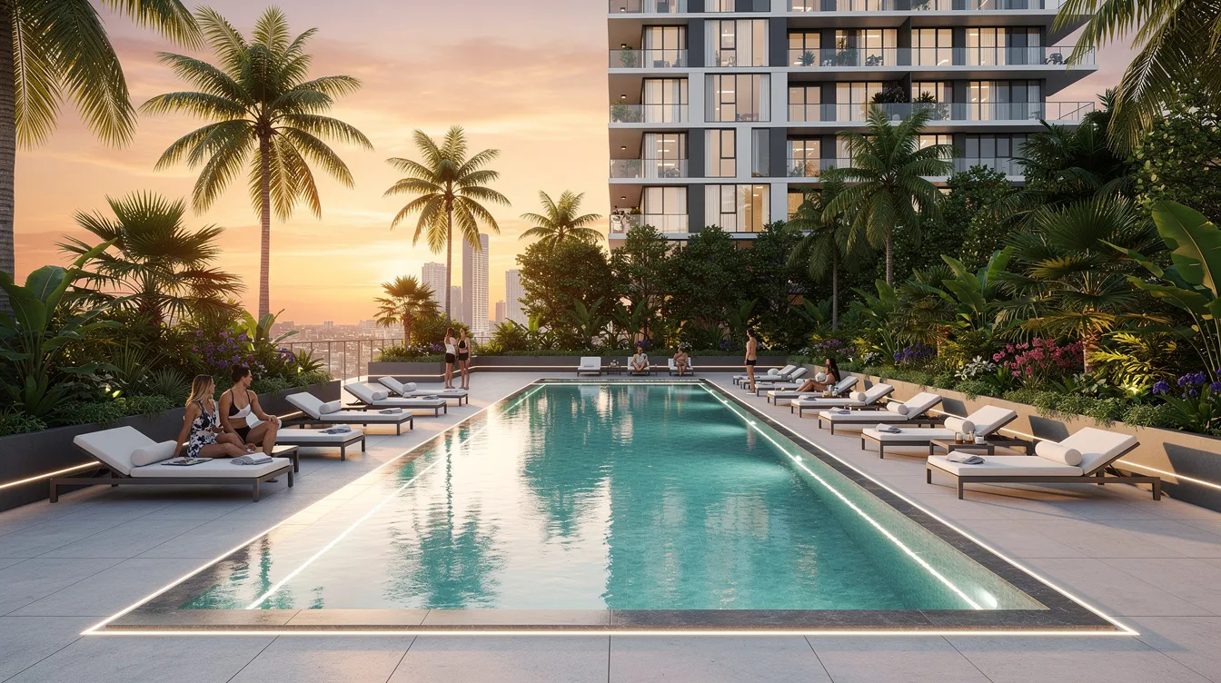 The image depicts a modern high-rise condominium swimming pool, elegantly surrounded by lush tropical landscaping, as the sun sets in the background, casting a warm glow. This luxurious setting reflects the appeal of private residential properties in prime locations, ideal for those considering property purchase in Singapore.
