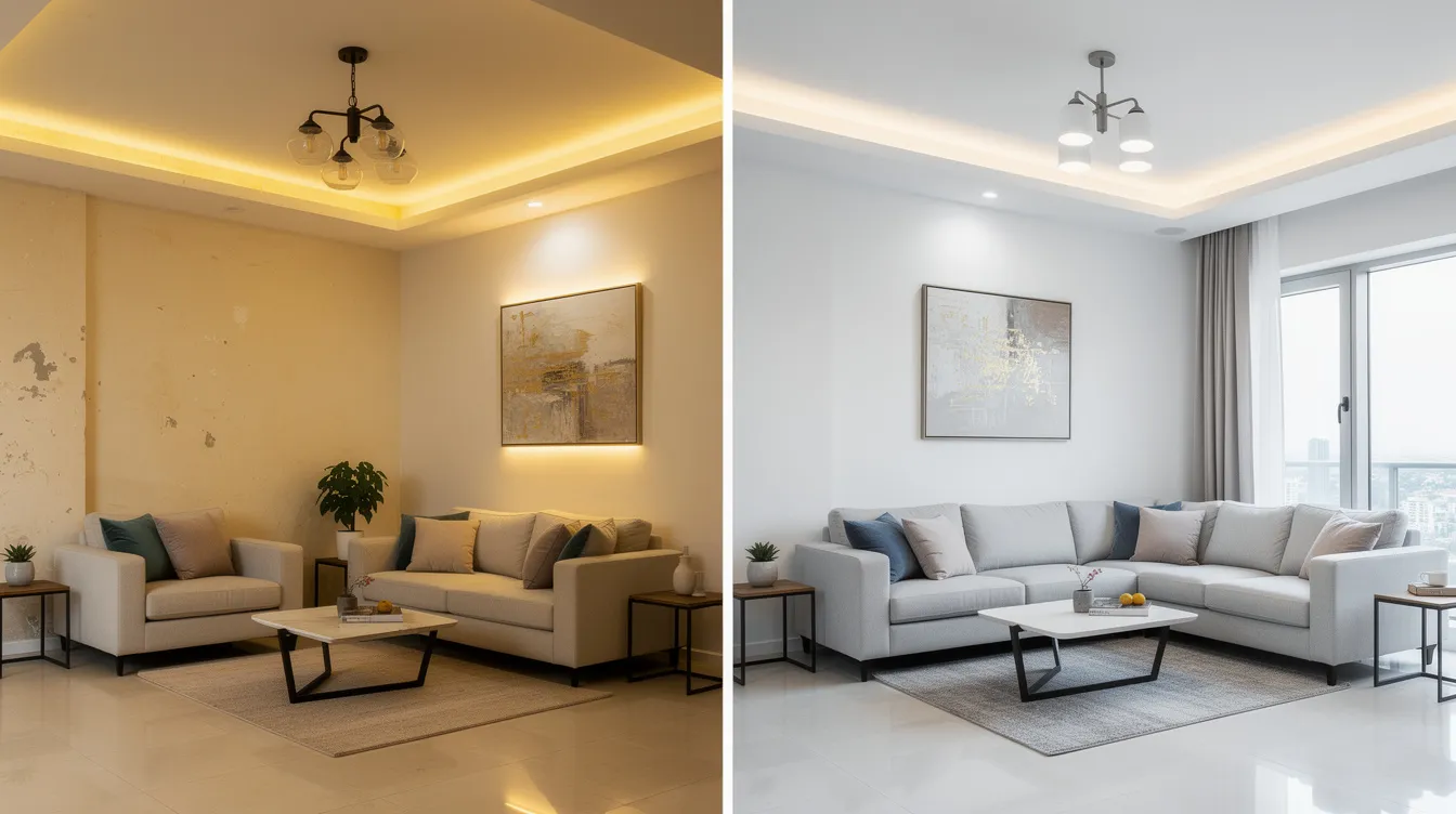 The image depicts a 3-bedroom condo unit showcasing a before-and-after comparison of a renovation that includes a fresh coat of paint and upgraded lighting. This transformation highlights the potential of upgrading from an HDB flat to a private condo, enhancing the overall appeal of the private residential property.