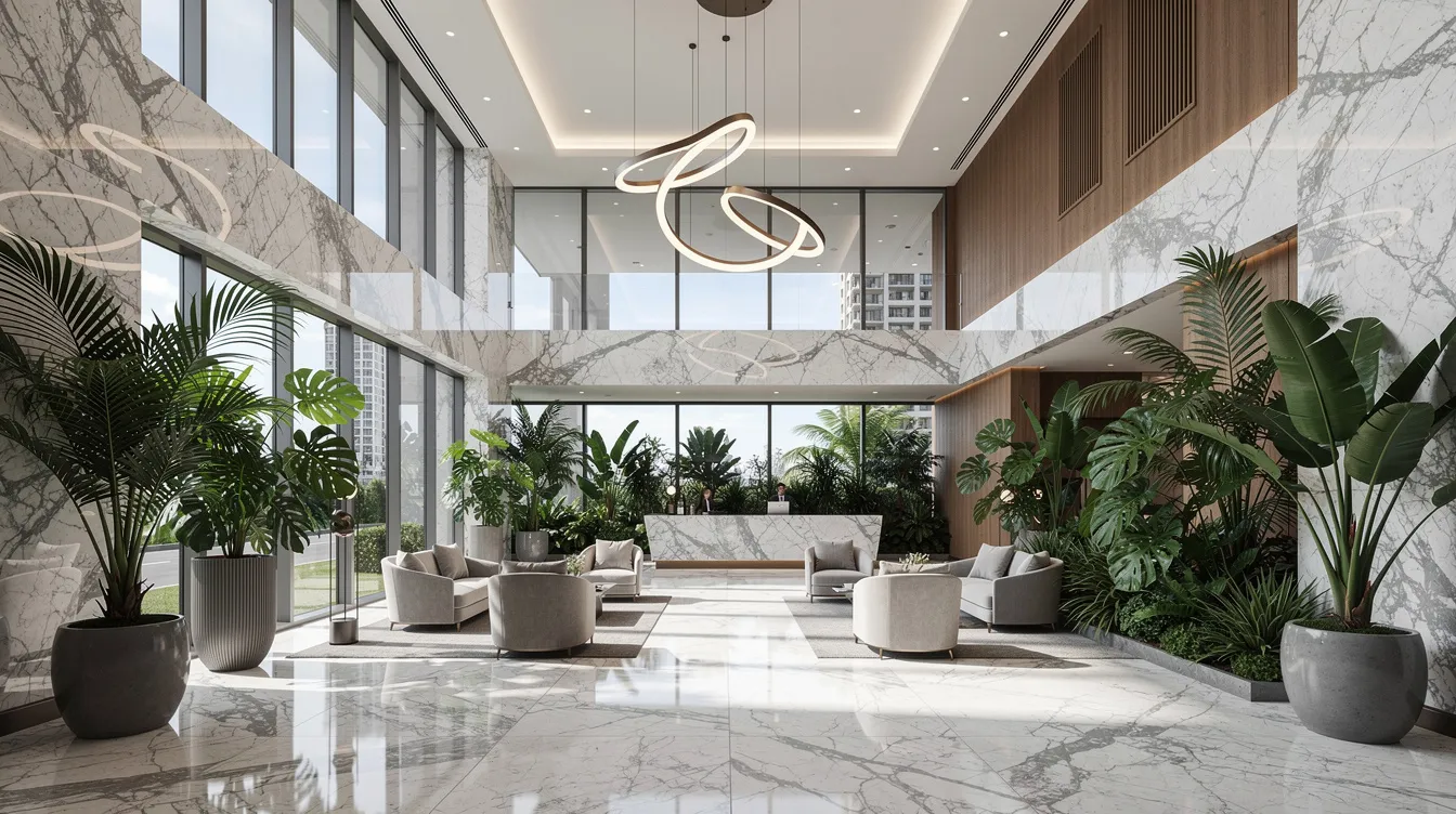 The image depicts a modern luxury condominium lobby featuring elegant marble finishes and vibrant tropical landscaping, embodying the allure of new launches in Singapore's prime districts. This inviting space reflects the demand for larger units and the growth of home sales in the new launch market.