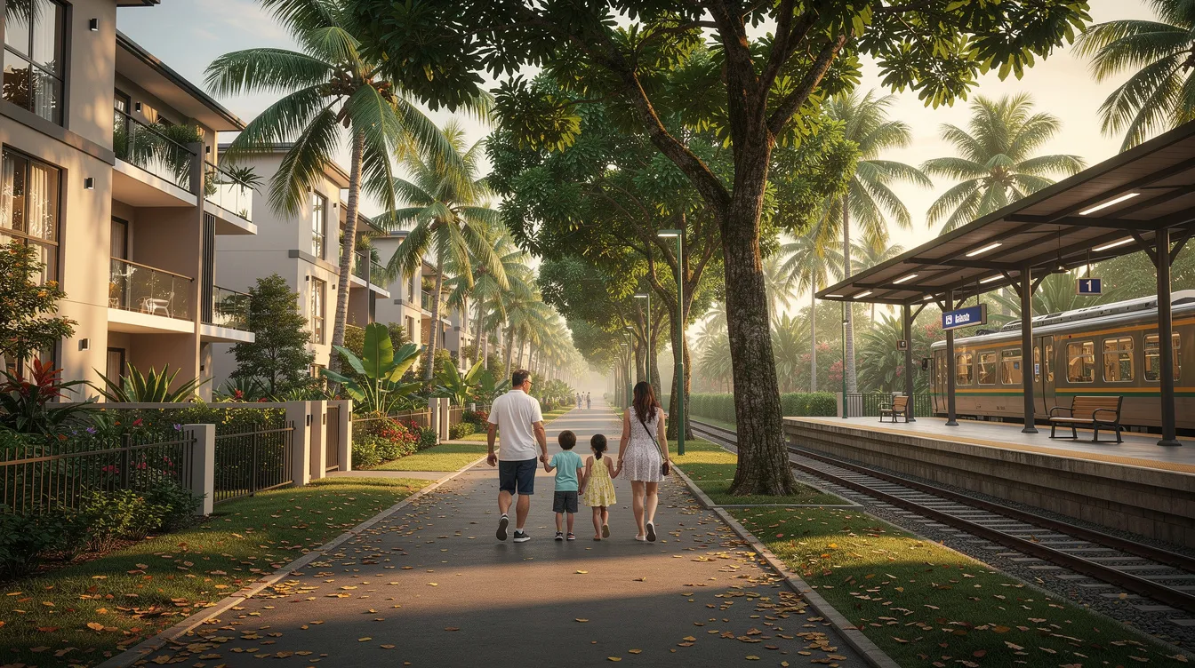 A family strolls along a lush, tree-lined path connecting a residential estate to a nearby train station platform, set in a vibrant tropical environment. This scene highlights the convenience of direct MRT access, perfect for families looking to explore new launch condos in the area.