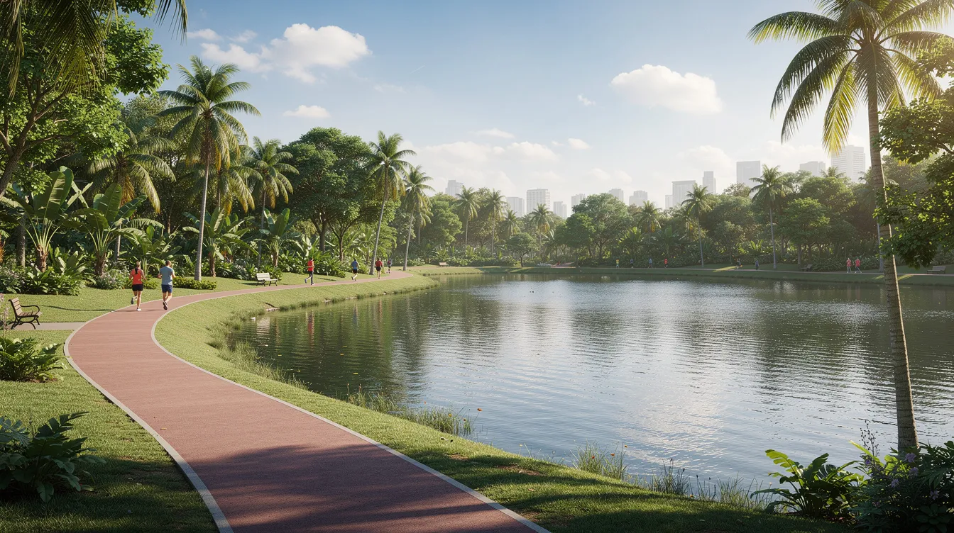 The image depicts a lush park featuring a tranquil reservoir, encircled by jogging paths and vibrant tropical trees, ideal for outdoor activities. This serene environment is reminiscent of the natural beauty found near Bedok Reservoir Park and is a perfect spot for residents of the nearby Pinery Residences to enjoy leisure time.