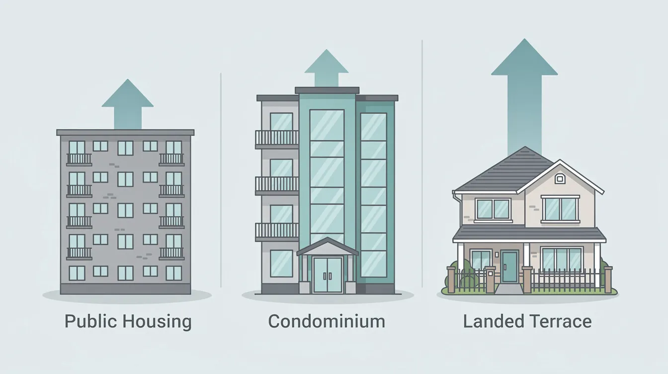 The image depicts an infographic illustrating the concept of asset progression in Singapore's property market, featuring three ascending property types: a public housing block (HDB flat), a mid-rise condominium (private condo), and a landed terrace house. Upward arrows emphasize the potential for wealth accumulation and financial planning as homeowners upgrade their existing properties through careful management of cash savings and CPF funds.