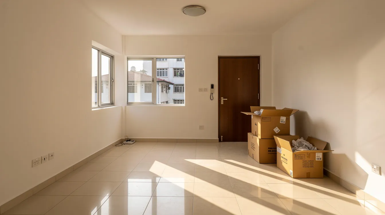 The image depicts an empty HDB living room with stacks of moving boxes positioned near the door, illuminated by sunlight streaming through the windows, suggesting a transition for HDB owners upgrading to private property. This scene evokes the financial considerations of selling an HDB flat and the cash flow implications of moving to a new condo.