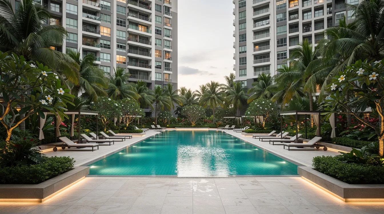 The image showcases a wide-angle view of a luxurious condominium pool area in Singapore, featuring lush landscaping and a modern facade, perfect for future buyers interested in newly launched properties. This serene setting highlights the potential for property investment in the real estate market, attracting buyers looking for a new launch condo with desirable amenities.