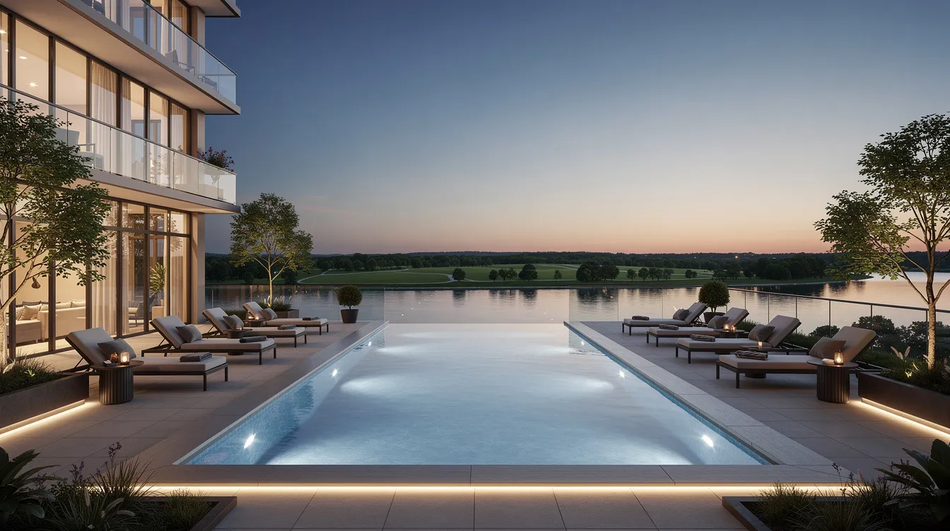 The image depicts a luxurious condominium pool deck featuring an infinity pool that seamlessly blends into the view of a serene river valley at dusk, surrounded by lush parkland. In the backdrop, the vibrant cityscape of Singapore, including the Great World MRT station, can be seen, highlighting the prime location in the River Valley area.
